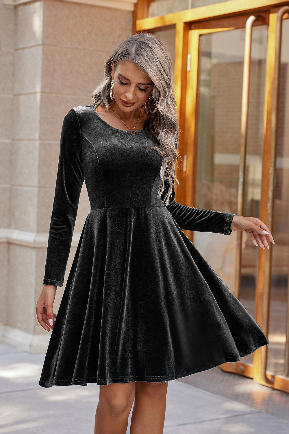 Round Neck Long Sleeve Knee Length Dress | Winter Dresses | Holiday Dress