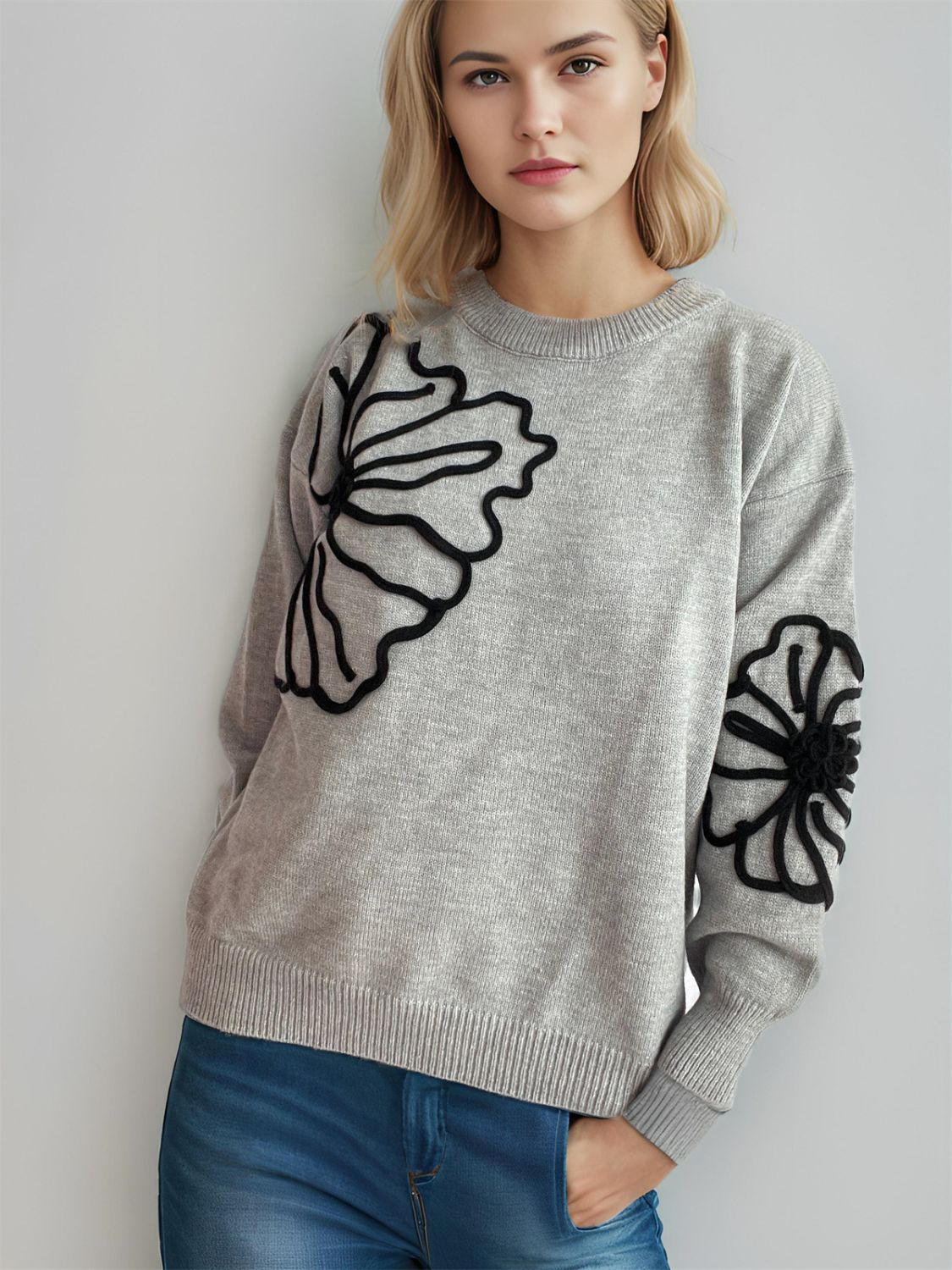 Flower Round Neck Long Sleeve Sweater | Winter Fashion