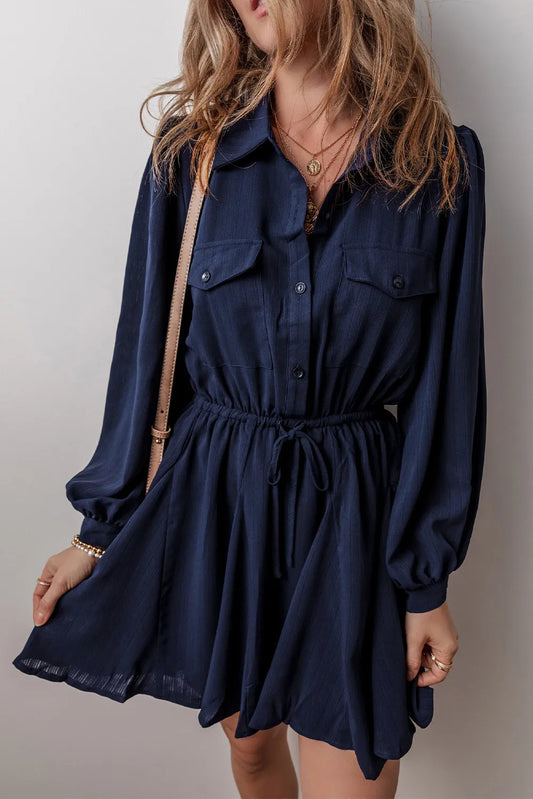 Navy Drawstring Half Button Long Sleeve Dress