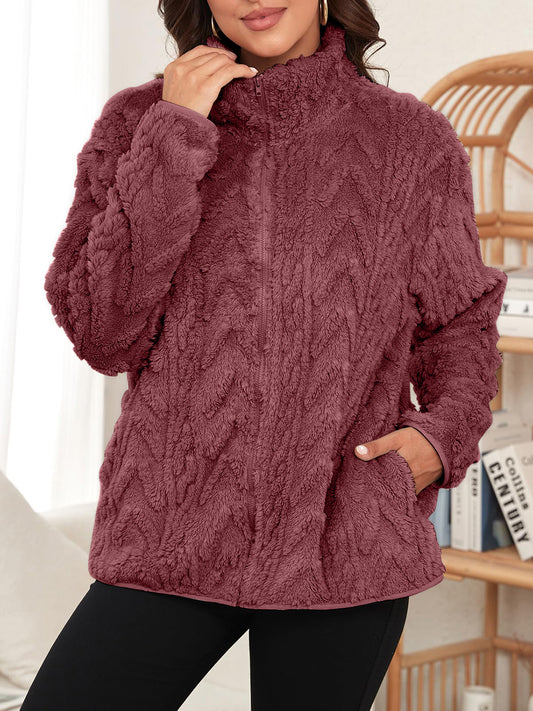 Fuzzy Zip Up Long Sleeve Jacket | Winter Fashion | Cozy Jackets