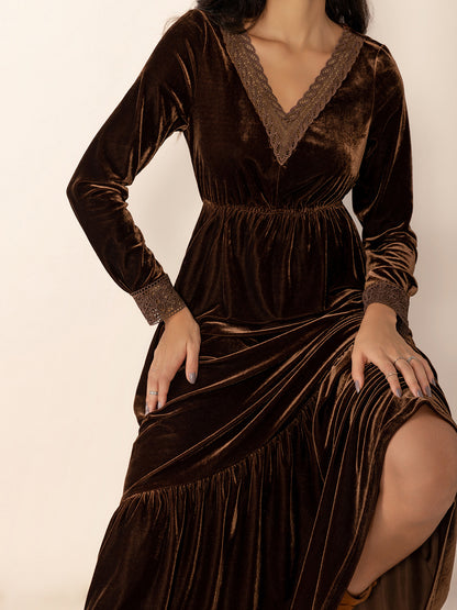 Lace Detail V-Neck Long Sleeve Maxi Dress | Casual Dresses | Winter Dress