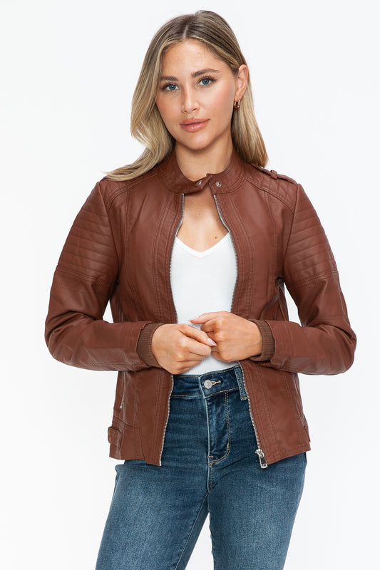 Synthetic Leather Biker Jacket with Side Zip Pockets | Winter Jacket | Dress Jacket