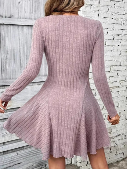 Dusty Pink Ribbed Round Neck Long Sleeve Mini Dress | Casual Dresses