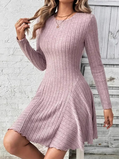 Dusty Pink Ribbed Round Neck Long Sleeve Mini Dress | Casual Dresses