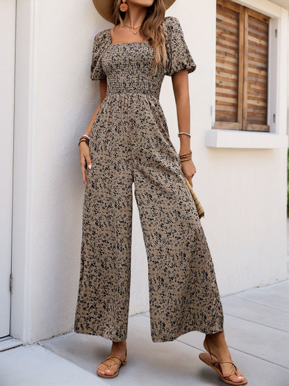 Beige Smocked Printed Square Neck Puff Sleeve Jumpsuit | Spring Outfits