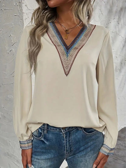 Contrast V-Neck Long Sleeve Blouse | Hippie Boho Blouses | Fall Blouses