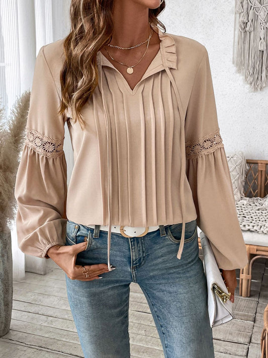 Beige Frill Tie Neck Long Sleeve Blouse