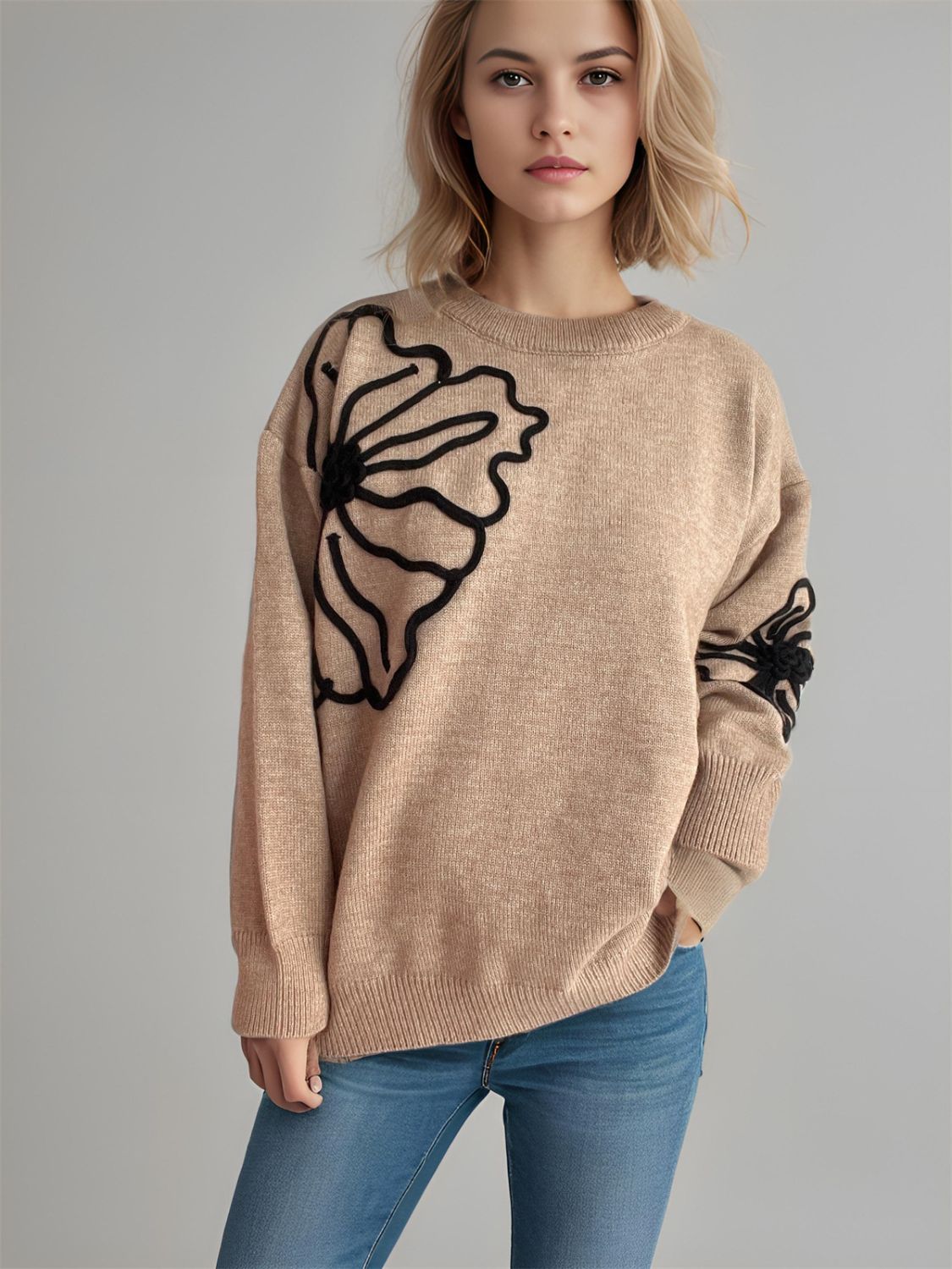 Flower Round Neck Long Sleeve Sweater | Winter Fashion