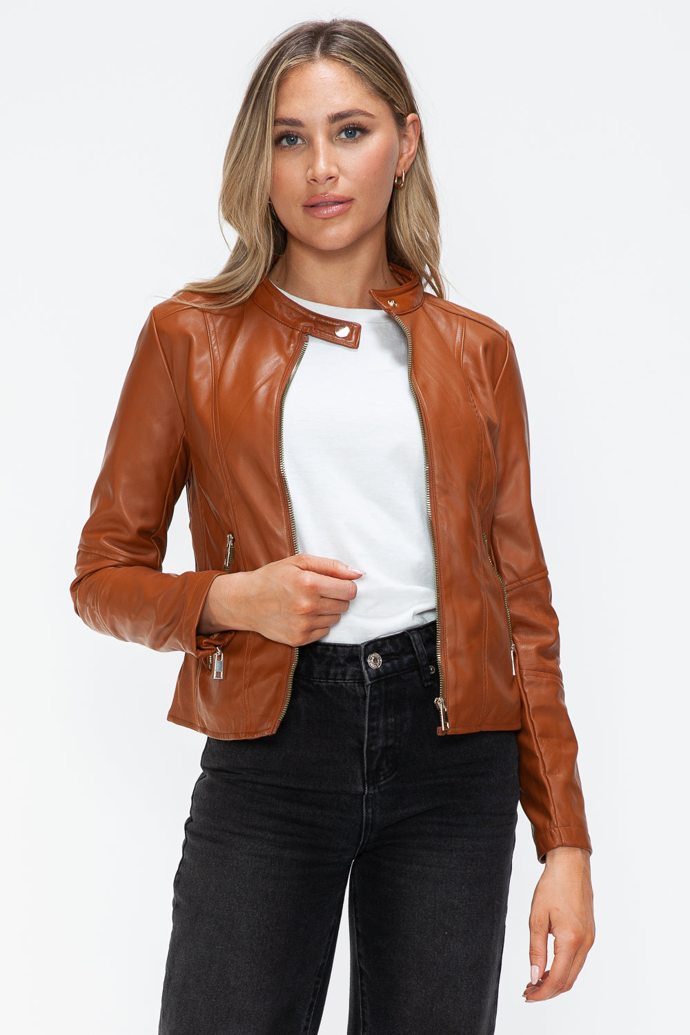 Synthetic Leather Biker Jacket with Side Zip Pockets | Winter Jacket | Drawstring Hooded Jacket