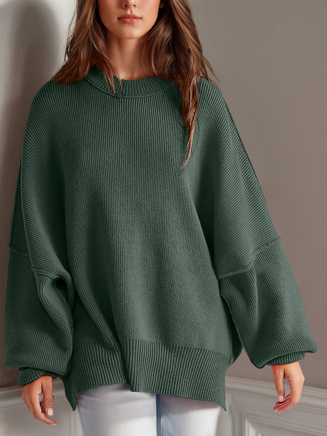 Oversized Side Slit Round Neck Long Sleeve Sweater