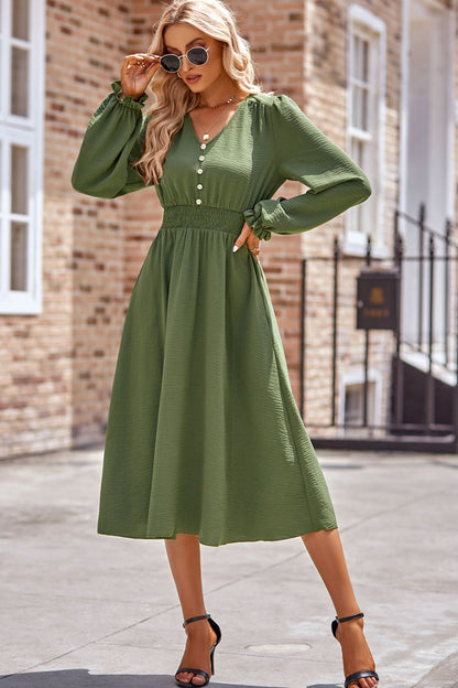 Smocked V-Neck Flounce Sleeve Midi Dress | Casual Dress