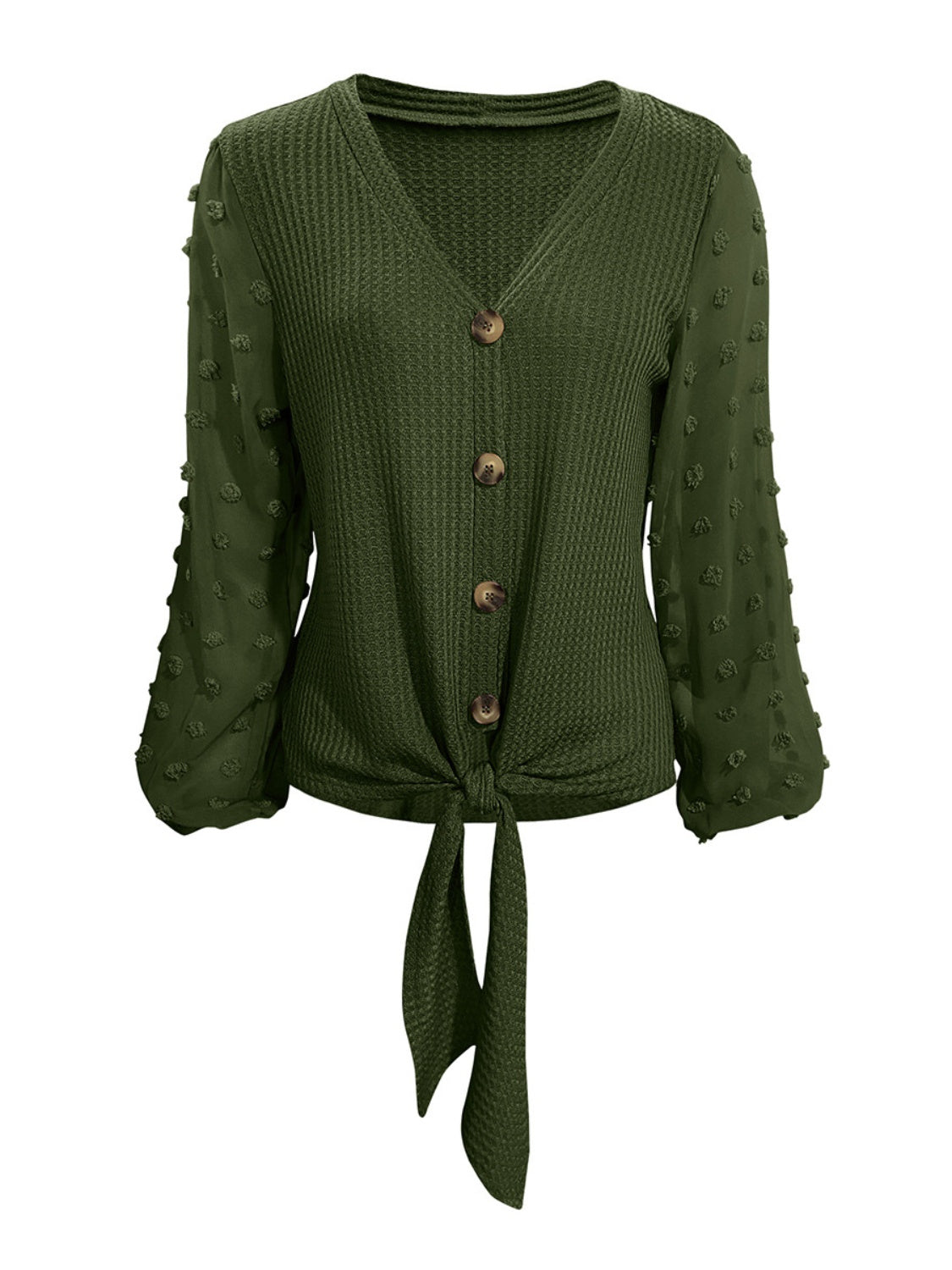 Tied Swiss Dot V-Neck Long Sleeve Sweater Blouse