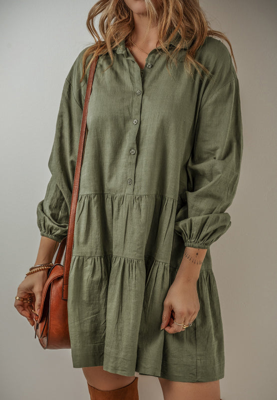 Tiered Collared Neck Balloon Sleeve Shirt Dress | Casual Dresses | Winter Dresses