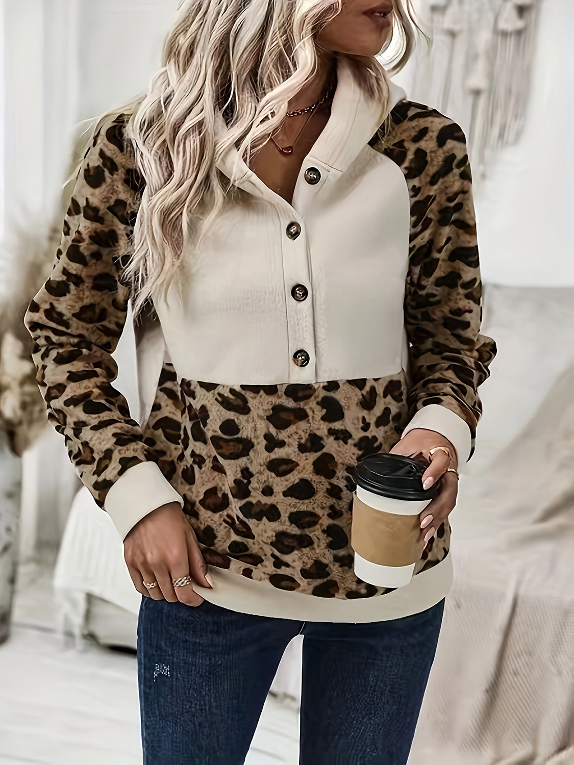 Leopard Half Button Long Sleeve Hoodie | Cozy Hoodies