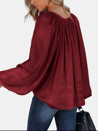 Ruched Tie Neck Balloon Sleeve Blouse | Winter Fashion | Holiday Blouse