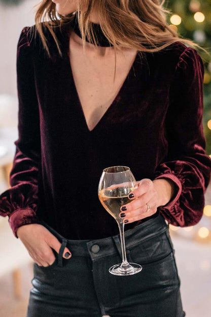 Burgundy Cutout Long Sleeve Velvet Blouse | Holiday Party Blouse | Holiday Outifit