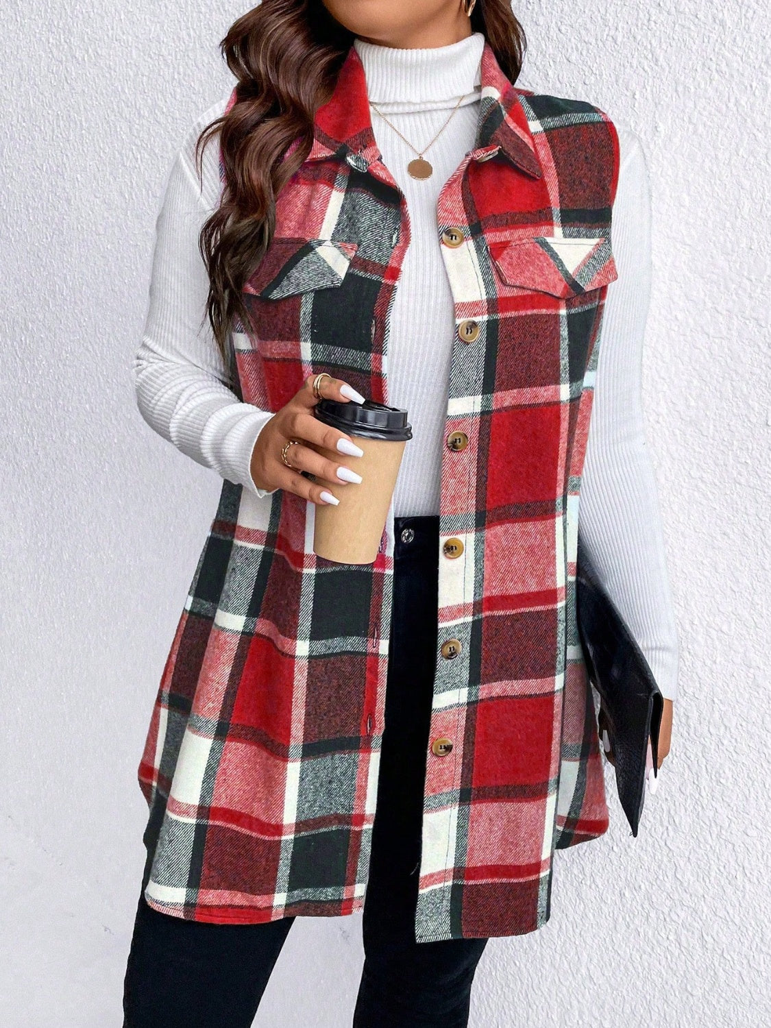 Pocketed Plaid Button Up Vest Coat Plus Size