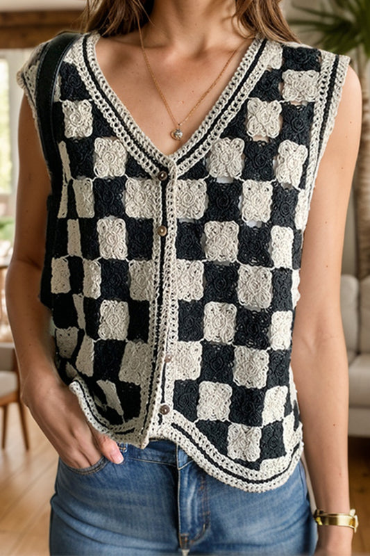 Crochet Checkered V-Neck Button Up Vest | Winter Fashion | Checkered Print