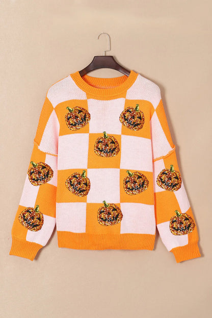 Pumpkin Checkered Round Neck Long Sleeve Sweater | Halloween Sweatshirt | Spooky Season