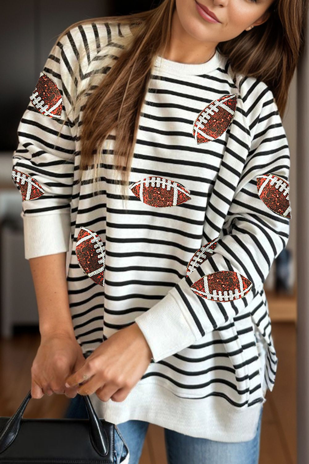 Sequin Football Striped Long Sleeve Sweatshirt | Football Season | Tailgate Outift