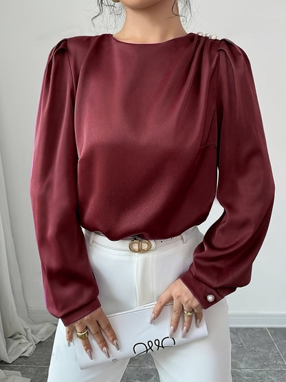 Burgundy Ruched Round Neck Long Sleeve Blouse | Christmas Party | Holiday Blouse