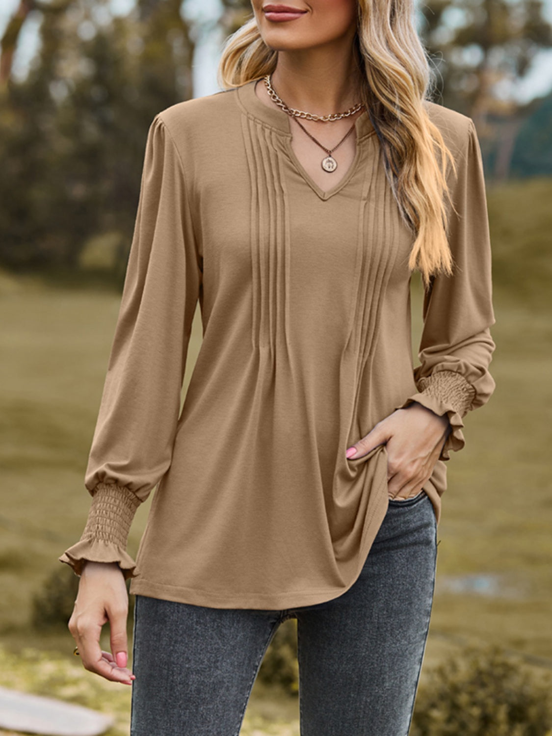 Ruched Notched Long Sleeve Blouses | Trendy Blouses | Fall Blouses