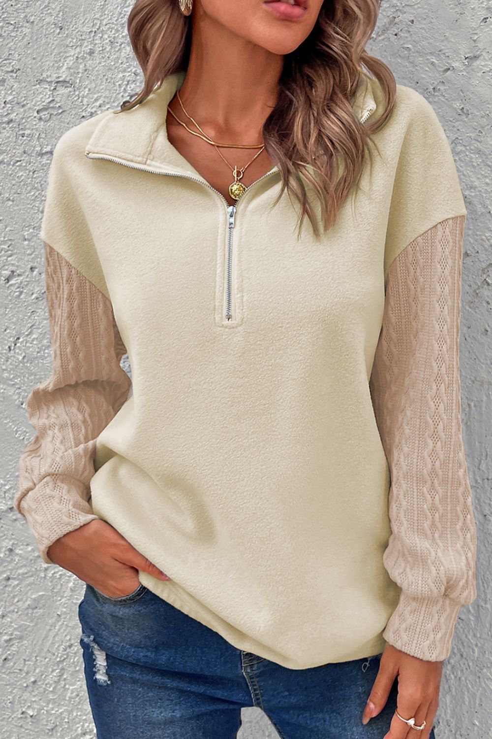 Half Zip Textured Patchwork Drop Shoulder Beige Sweatshirt | Casual Tops