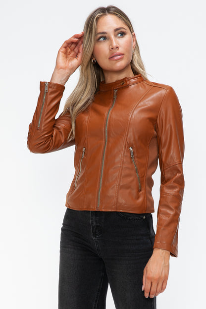 Synthetic Leather Biker Jacket with Side Zip Pockets | Winter Jacket | Drawstring Hooded Jacket