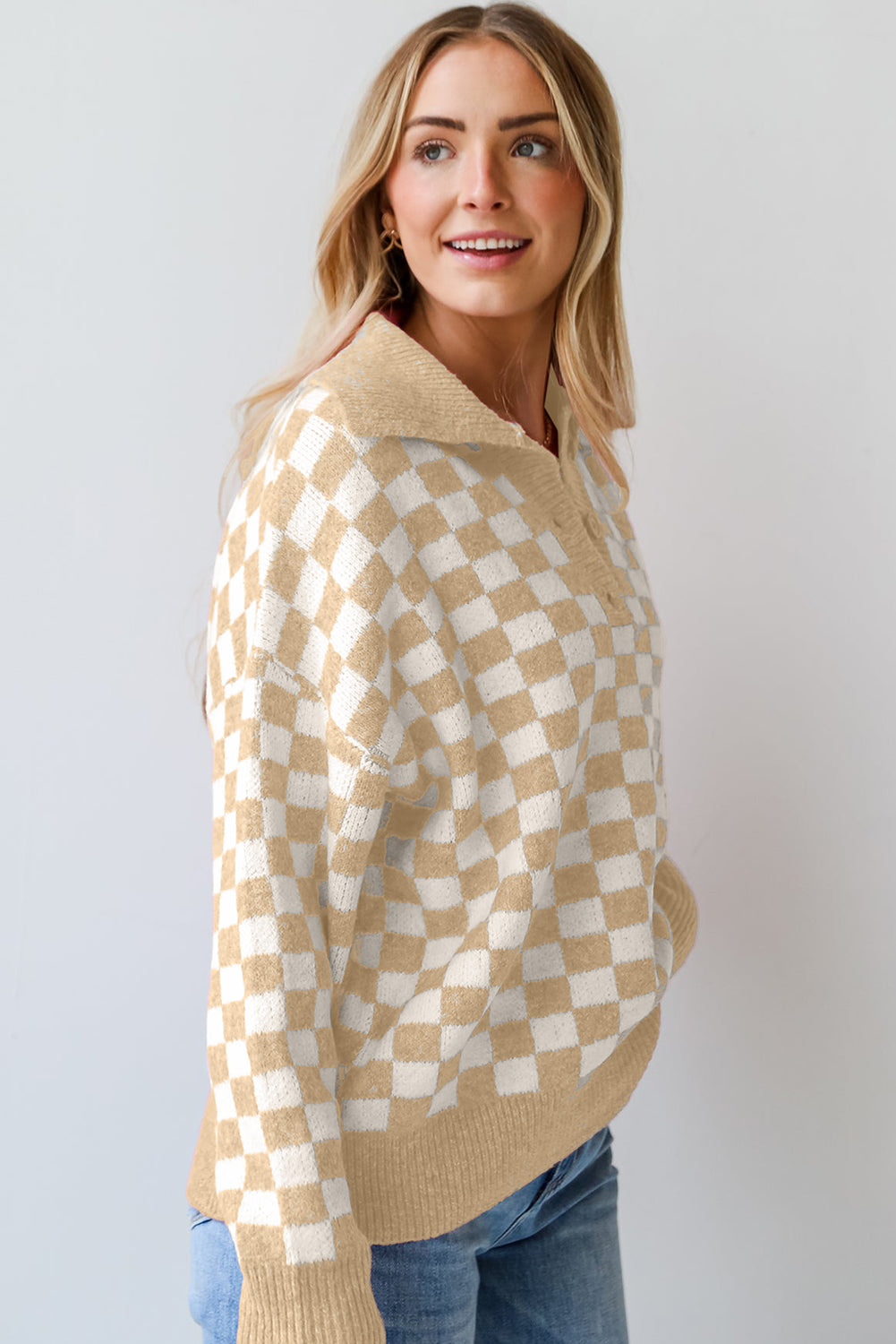 Checkered Collared Neck Long Sleeve Sweater | Sweater Weather | Checkered Print