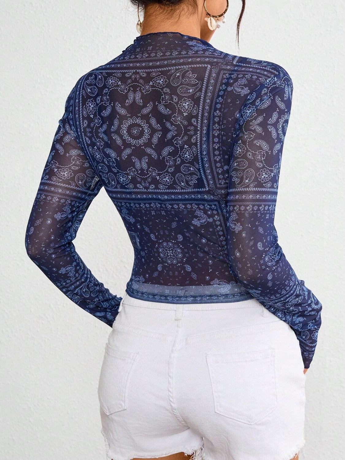 Navy Paisley Mock Neck Long Sleeve Sheer Top | Spring Blouse