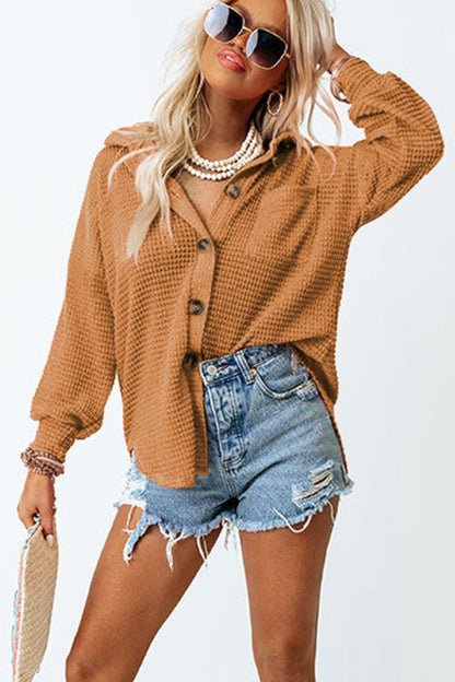 Waffle-Knit Collared Neck Long Sleeve Shirt | Casual Shirts | Winter Outfits