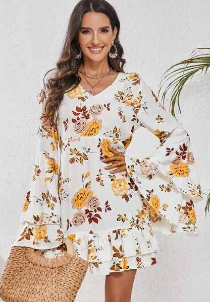 White and Yellow Floral Printed V-Neck Flare Sleeve Mini Dress | Spring Dresses