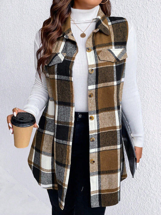 Pocketed Plaid Button Up Vest Coat Plus Size