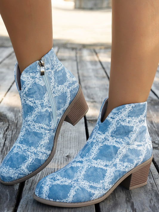 Printed Block Heel Boots with Side Zip | Booties