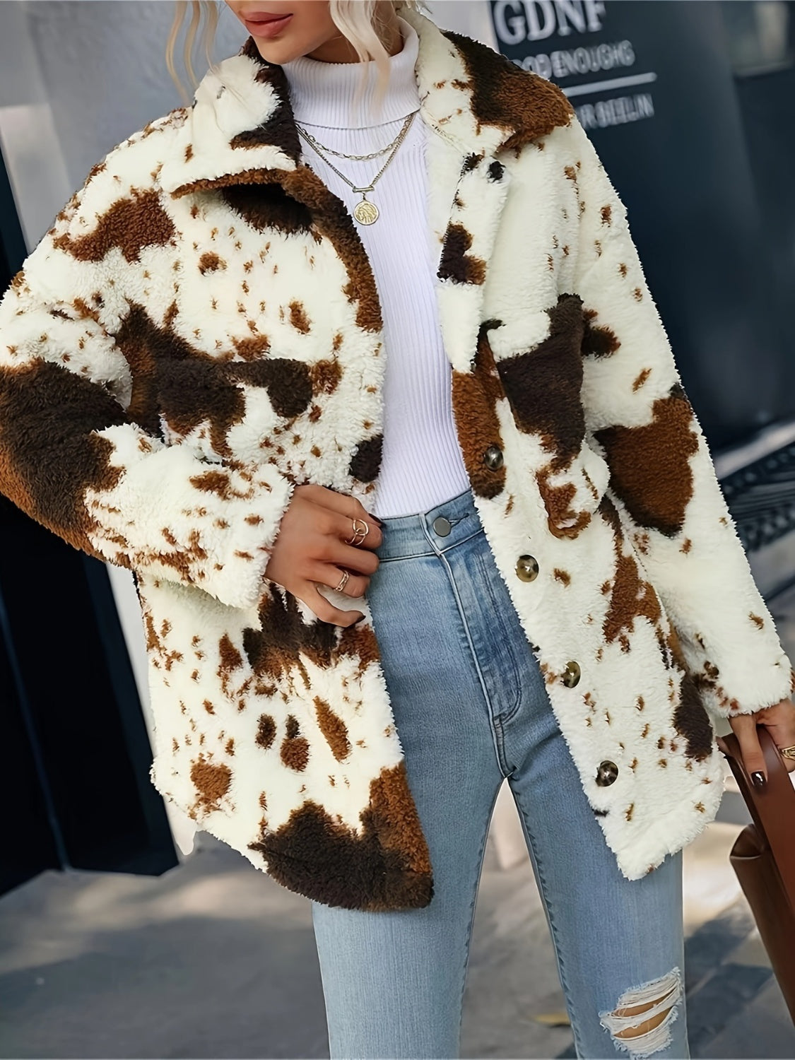 Cow Print Collared Neck Button Up Fuzzy Jacket | Winter Fashion | Trending Jackets