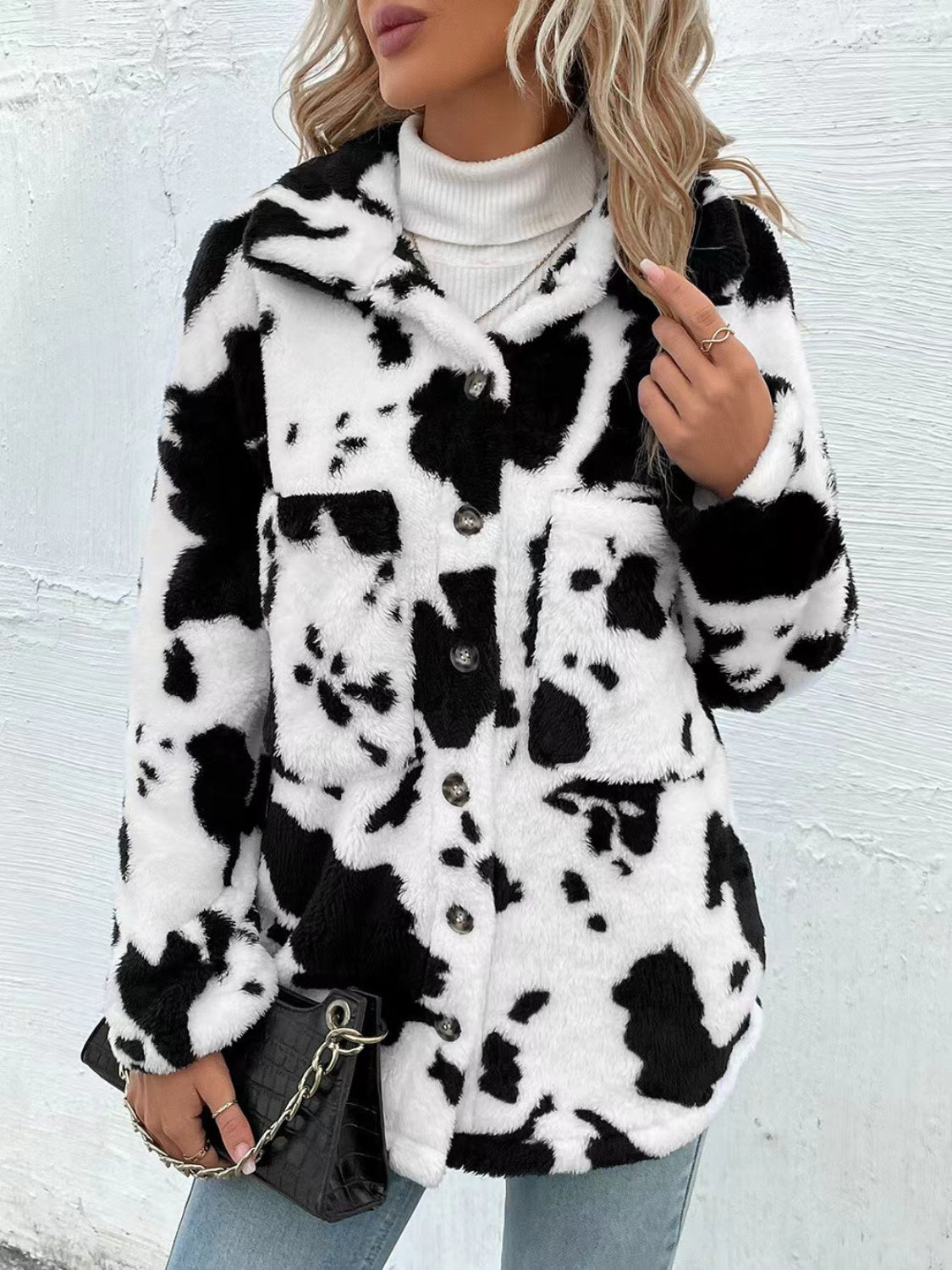 Cow Print Collared Neck Button Up Fuzzy Jacket | Winter Fashion | Trending Jackets