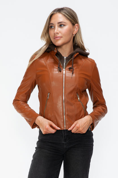 Synthetic Leather Biker Jacket with Side Zip Pockets | Winter Jacket | Drawstring Hooded Jacket