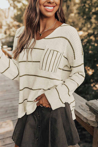 Striped V-Neck Drop Shoulder Sweater | Winter Sweater | Sweater Weather