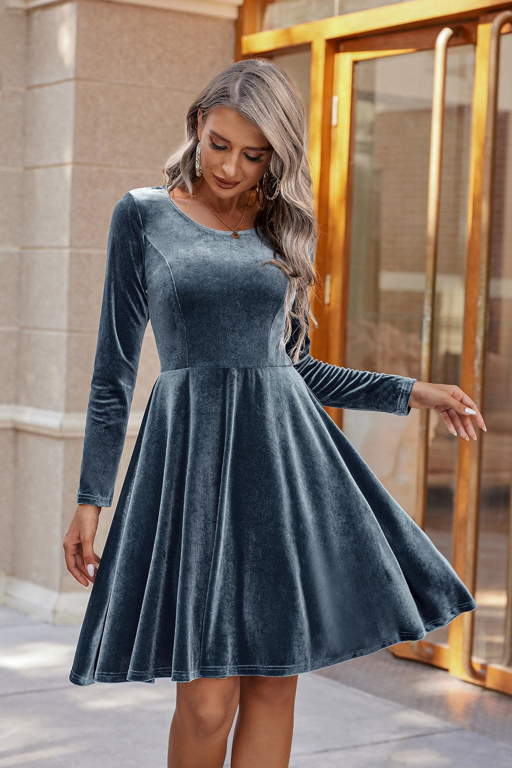 Round Neck Long Sleeve Knee Length Dress | Winter Dresses | Holiday Dress