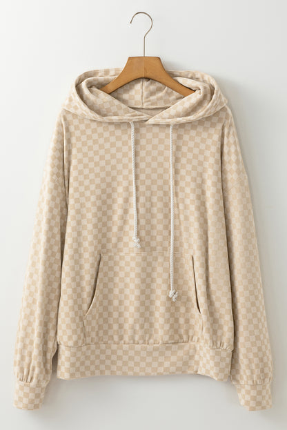 Checkered Print Kangaroo Pocket Drawstring Hoodie | Casual Fashion