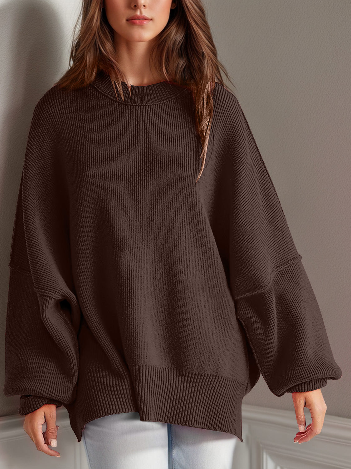 Oversized Side Slit Round Neck Long Sleeve Sweater