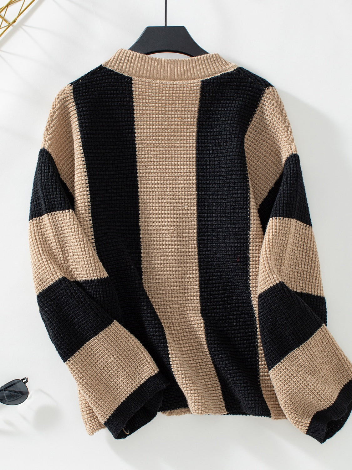 Waffle-Knit V-Neck Striped Long Sleeve Cardigan | Winter Fashion