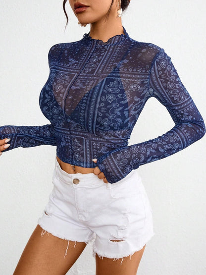 Navy Paisley Mock Neck Long Sleeve Sheer Top | Spring Blouse