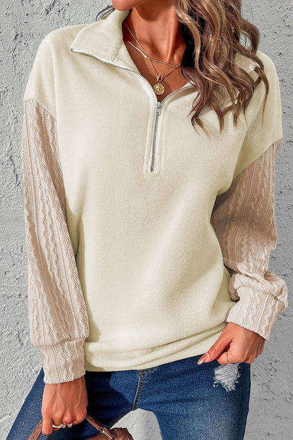 Half Zip Textured Patchwork Drop Shoulder Beige Sweatshirt | Casual Tops