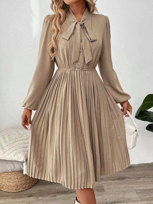 Beige Pleated Tie Neck Long Sleeve Dress | Casual Dress | Fall Fashion