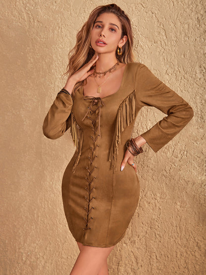 Fringe Lace Up Square Neck Long Sleeve Mini Dress | Western Dress | Mini Dress