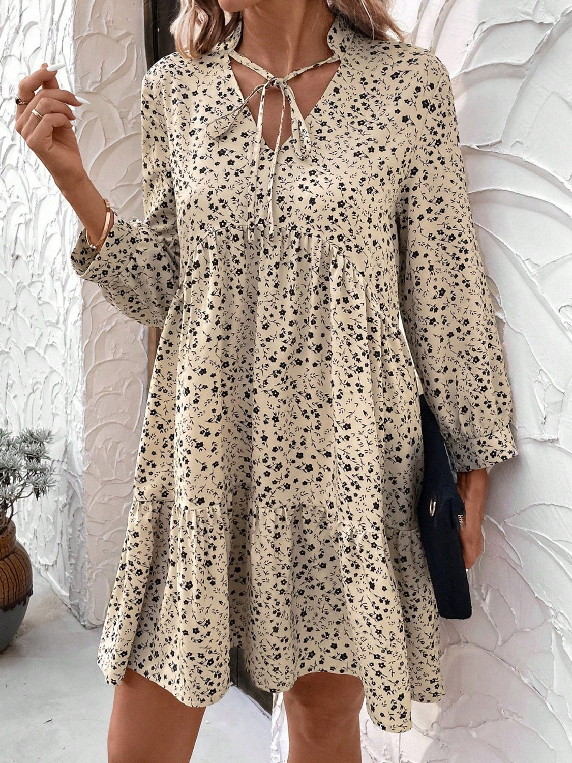 Tied Printed Long Sleeve Mini Dress | Fall Fashion | Winter Fashion