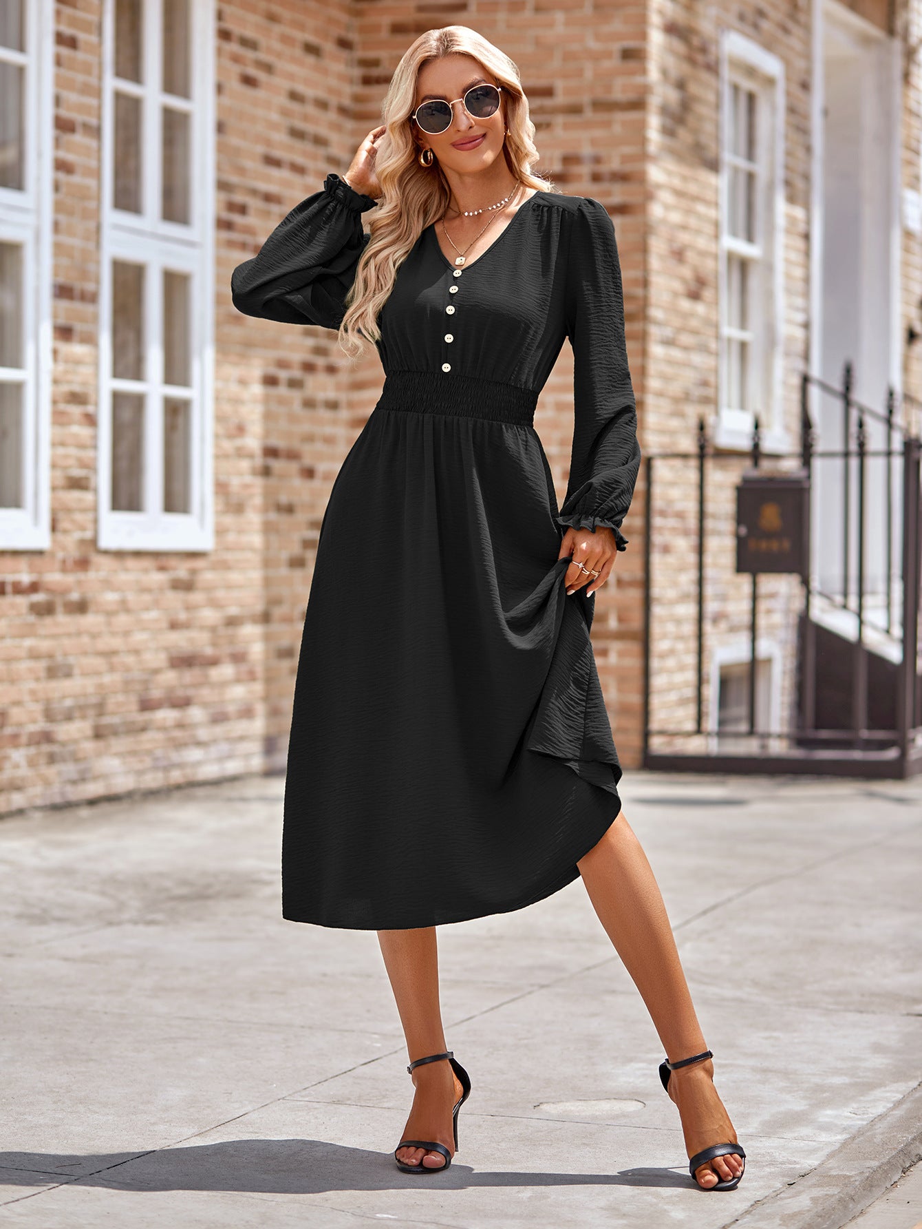 Smocked V-Neck Flounce Sleeve Midi Dress | Casual Dress