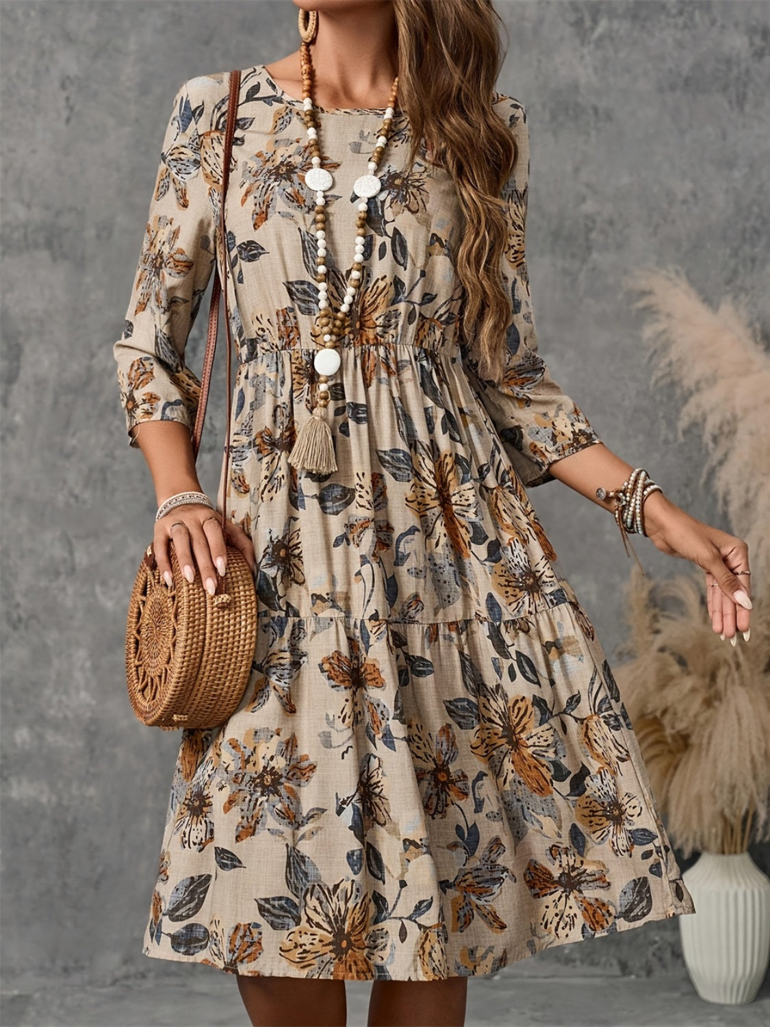 Floral Printed Round Neck Three-Quarter Sleeve Dress | Fall Dresses