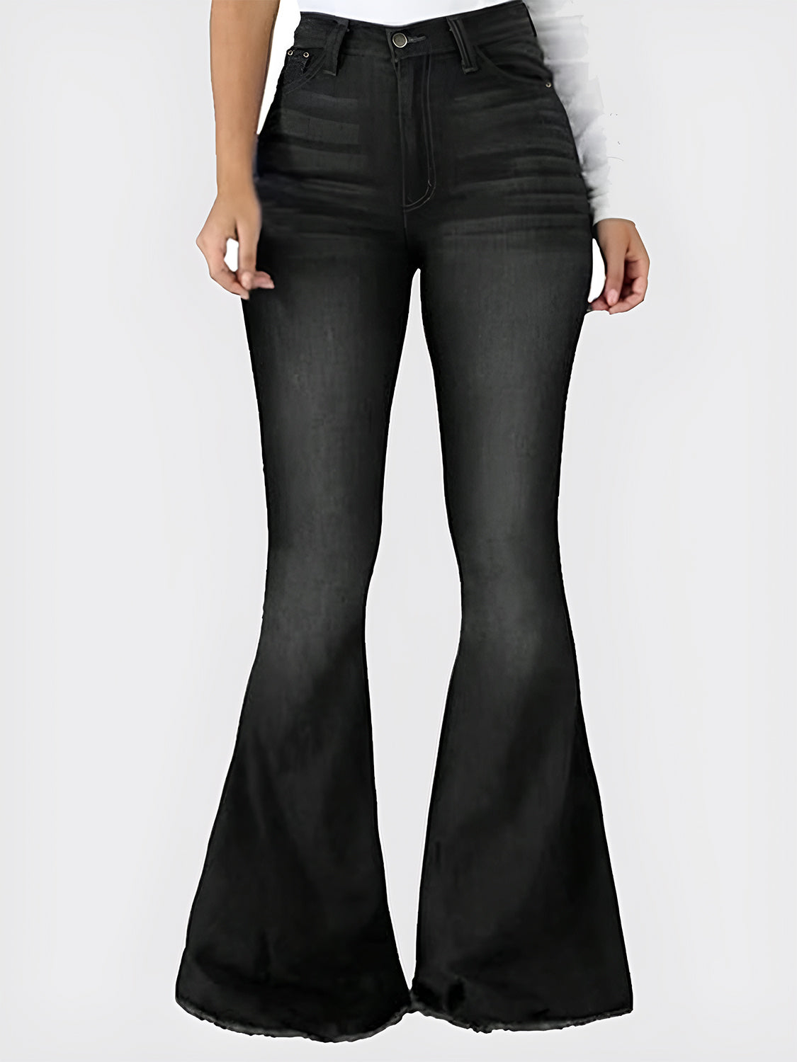 Black Raw Hem Flare Jeans with Pockets